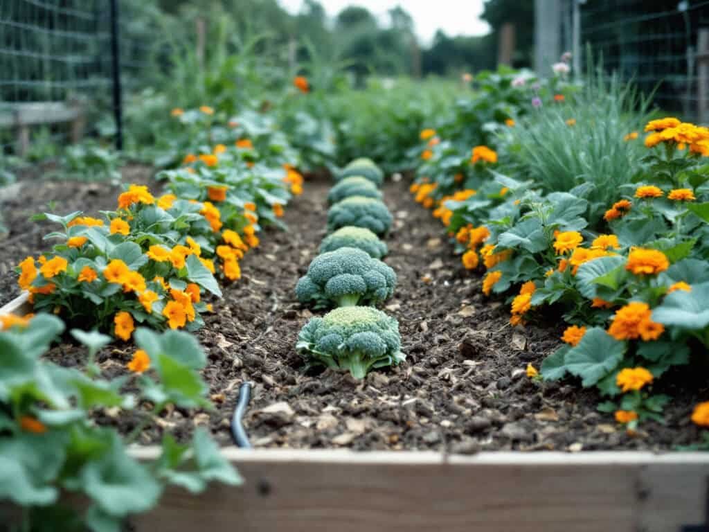 Raised bed with a row of evenly spaced broccoli plants and nasturtium, chives, and marigold at the edges.
