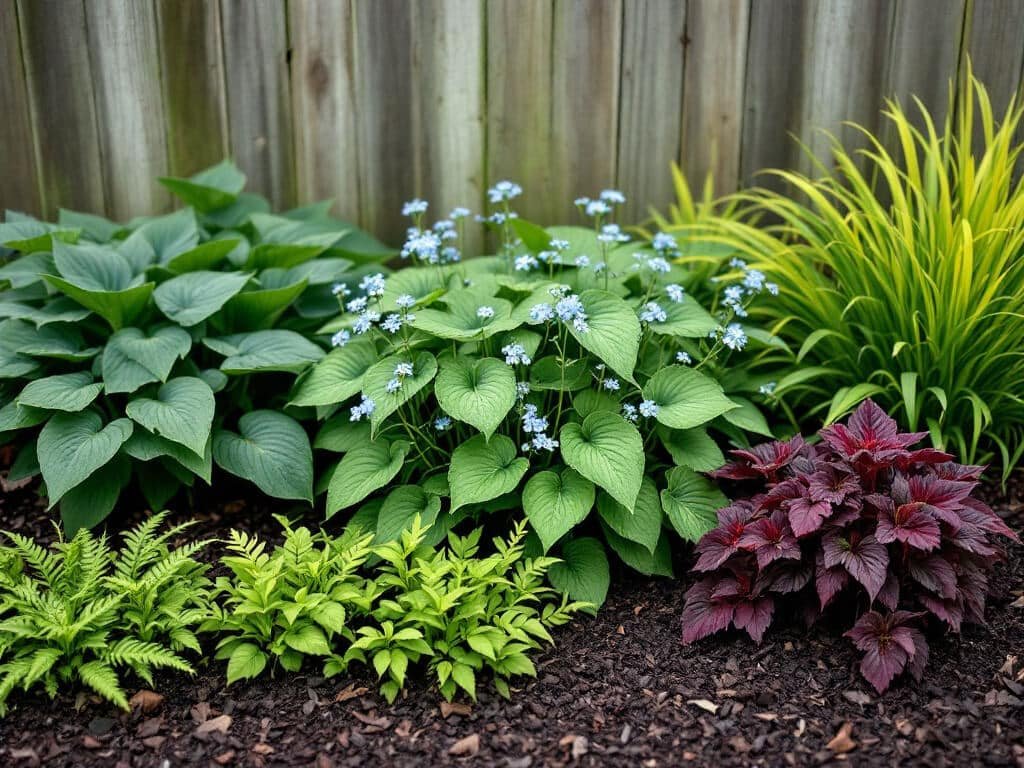 Brunnera with blue spring flowers growing beside hosta, heuchera, fern and Japanese forest grass in a shaded mulched border.