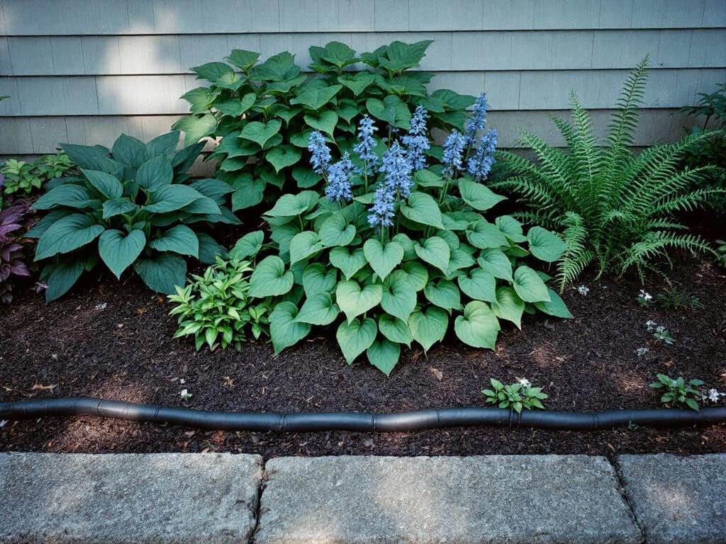 Raised shade bed with a brunnera clump in the center, hosta and fern beside it, and heuchera and tiarella along the front.