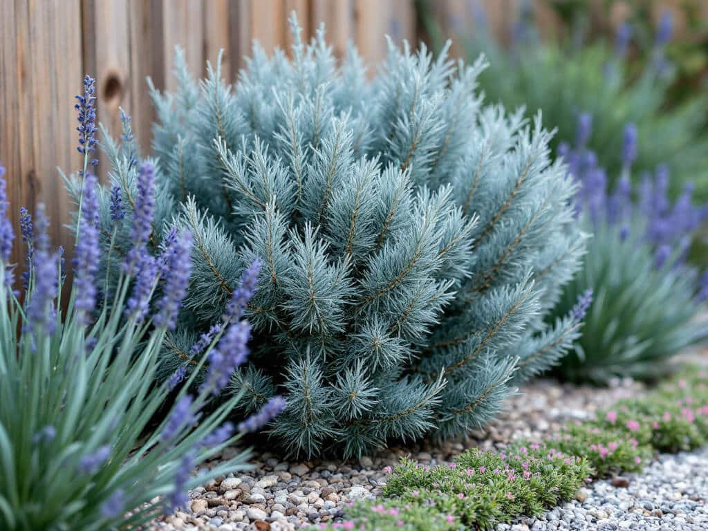 Blue star juniper growing beside lavender, blue fescue, and creeping thyme in a gravel-mulched sunny garden border.