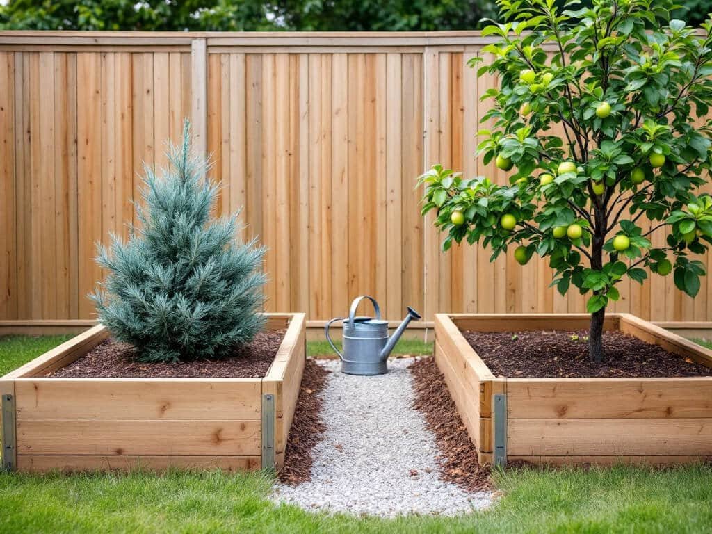 Blue star juniper in one raised bed and a young apple tree in a separate raised bed, kept apart in a backyard garden.