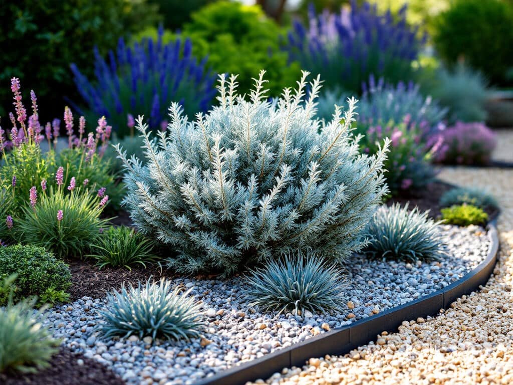 Overhead-angled view of a blue star juniper bed with thyme, fescue, sedum, lavender, salvia, and bluestem spaced apart.