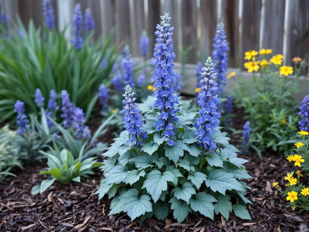 Blue-flowered baptisia growing in a sunny garden border with Siberian iris, catmint, and coreopsis.