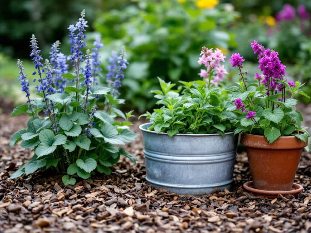 Baptisia in a raised bed beside separate pots of mint and bee balm, kept apart in a home garden.