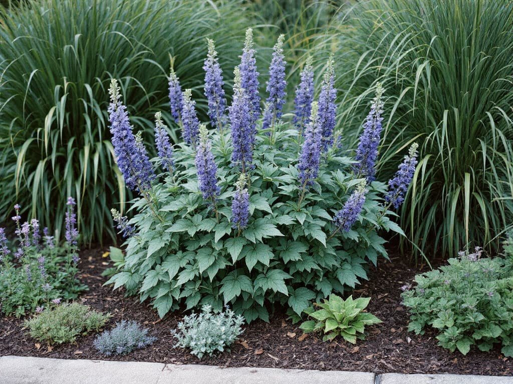 Mature baptisia in a garden border with grass behind and catmint and sedum in front, spaced apart on mulch.