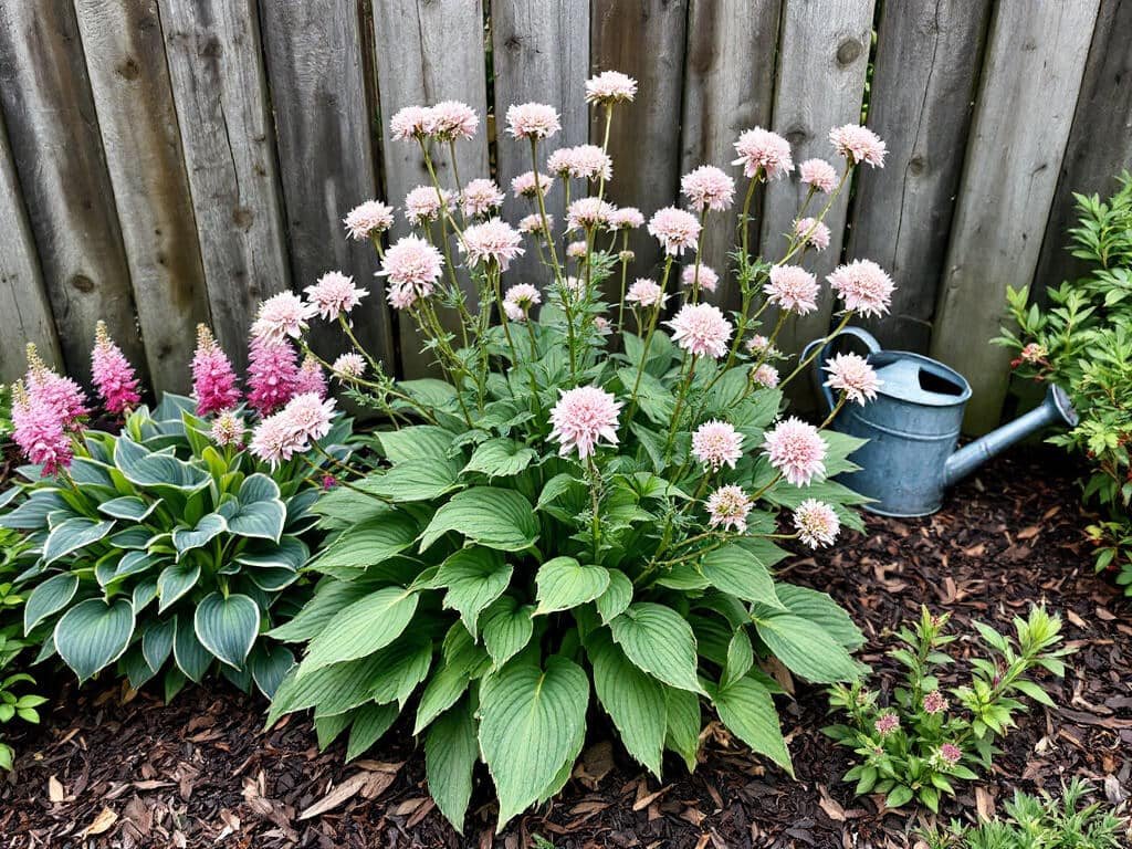 Pink astrantia flowers growing with hosta and astilbe in a mulched, partly shaded garden border.
