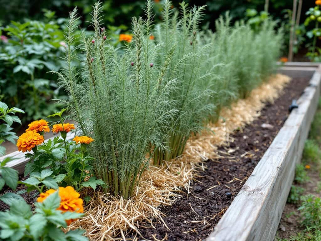 Asparagus ferns in a mulched bed with basil, parsley and calendula along the edge and a staked tomato in the next bed.