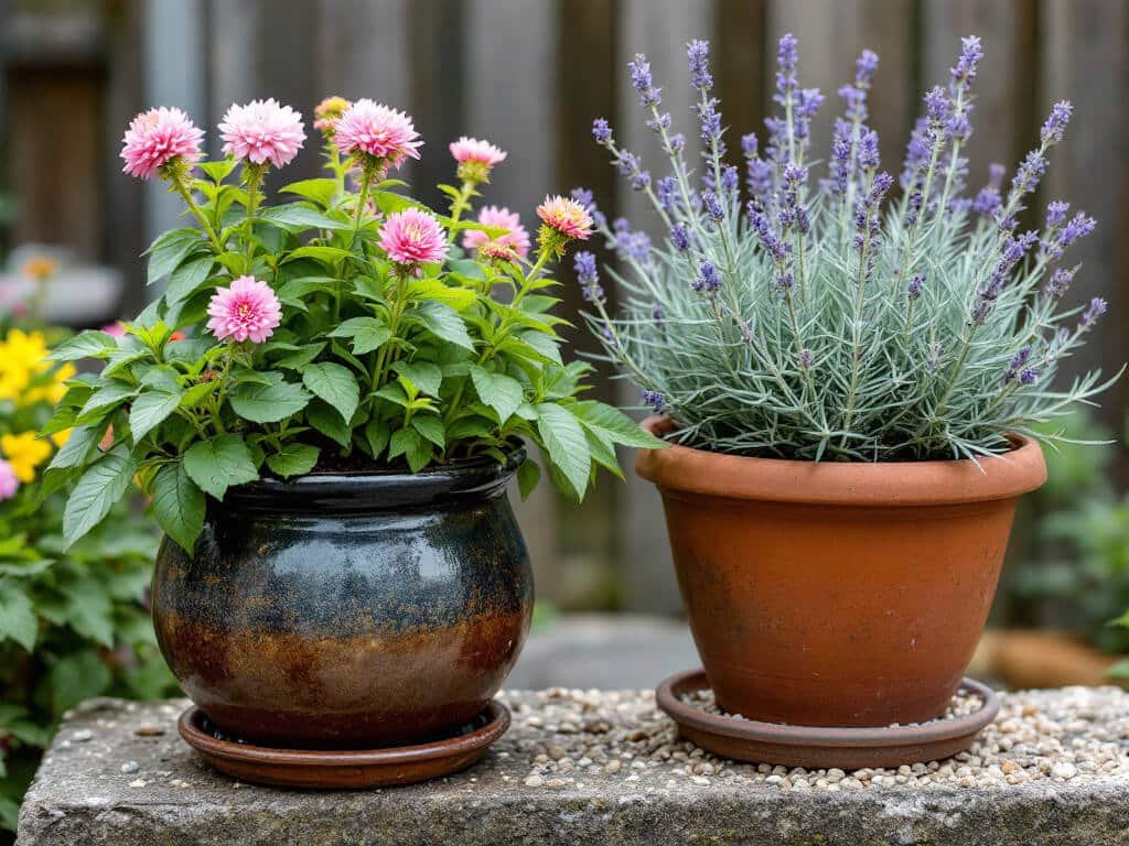Astrantia in a moist-soil ceramic pot beside lavender in a gravel-topped terracotta pot, kept separate.