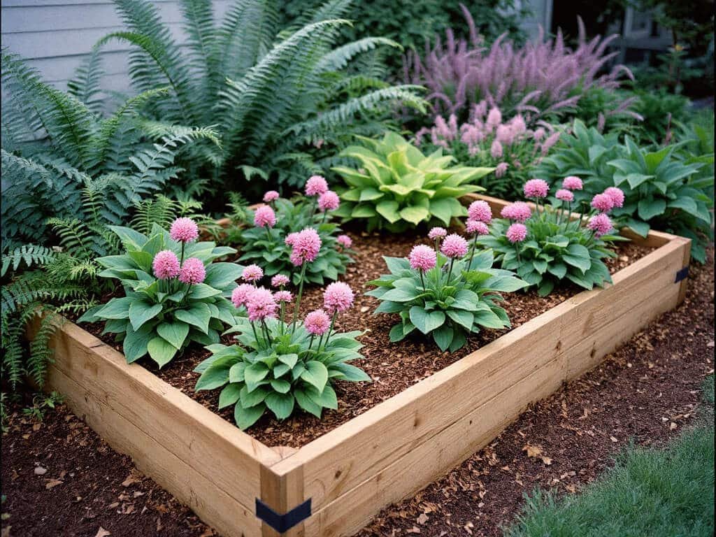 Raised bed with evenly spaced astrantia clumps, hostas, lady ferns, and astilbe over mulched soil with a drip line.