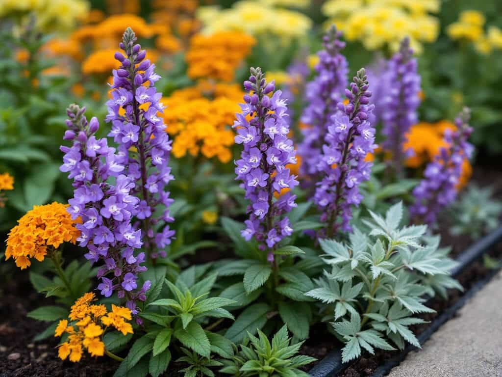 Purple angelonia spikes growing beside orange lantana and silver dusty miller in a mulched garden border.