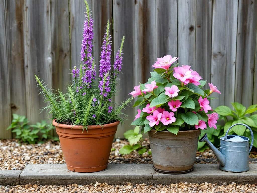 Angelonia and impatiens growing in two separate pots on a patio, showing plants that should not be paired.