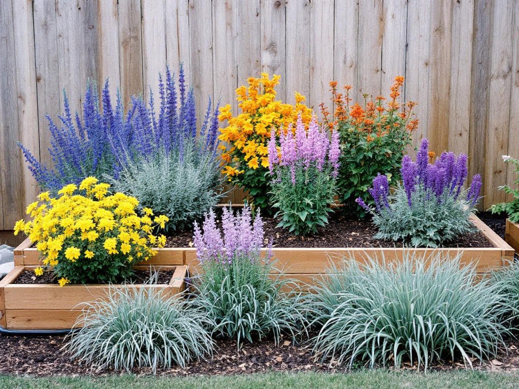 Raised bed with angelonia in the middle, salvia and lantana behind, and dusty miller and blue fescue in front.
