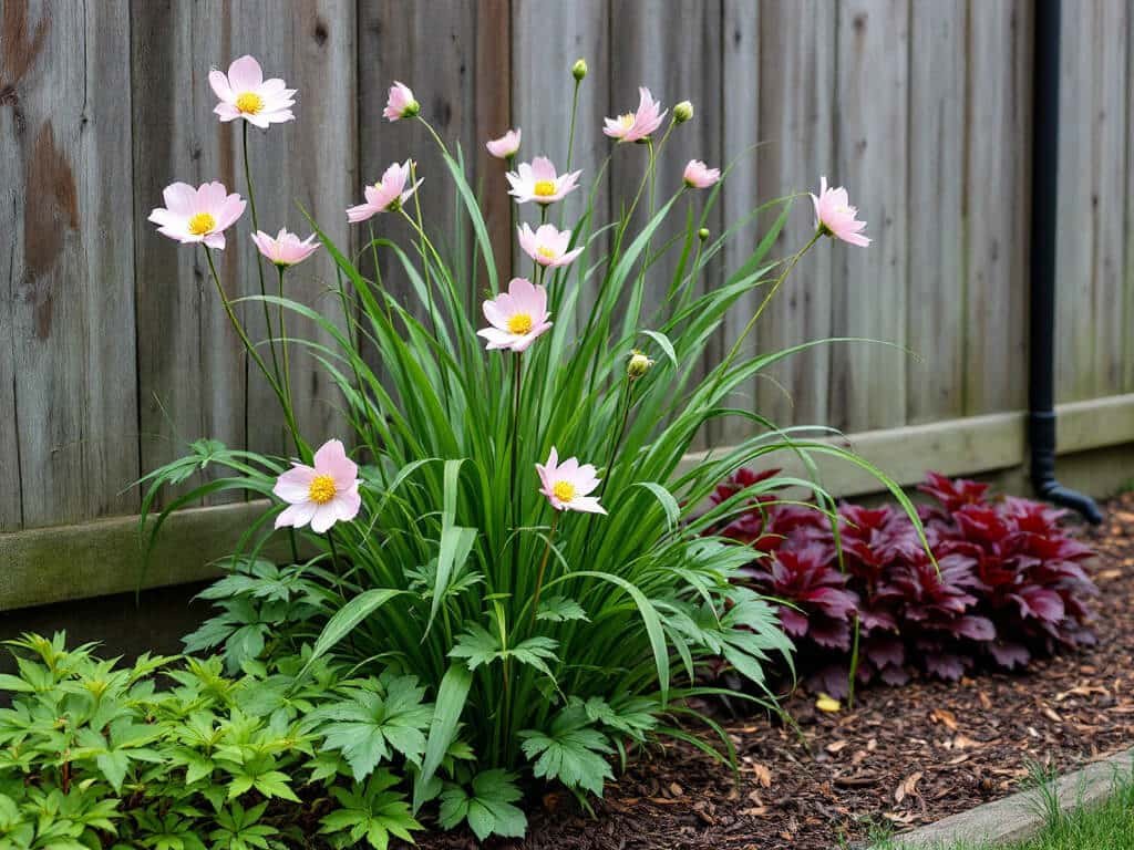 Japanese anemones with pink flowers growing beside Hakonechloa grass and burgundy heuchera in a mulched shady garden border.