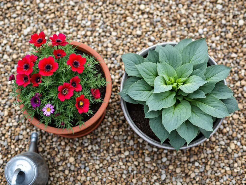 Anemone coronaria in a terracotta pot and a hosta in a separate glazed pot on a gravel patio.