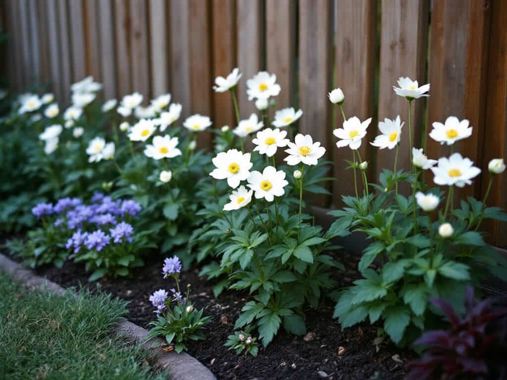 Spaced Japanese anemones with hardy geranium and heuchera in front, planted in a mulched garden border with a drip line.