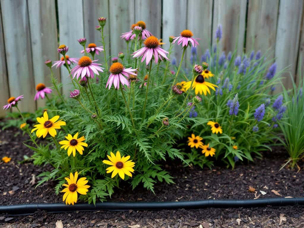 Feathery amsonia foliage growing beside purple coneflower, black-eyed Susan and little bluestem in a mulched garden bed.