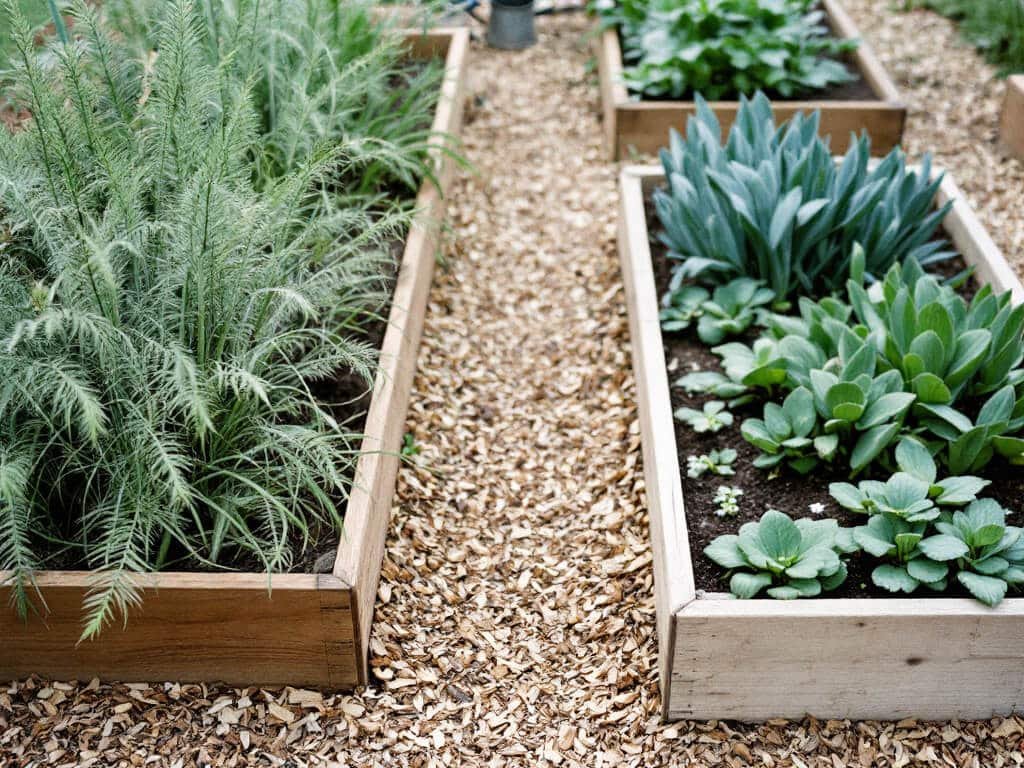 Asparagus growing in one raised bed, with onions, garlic and potatoes in a separate bed across a path.