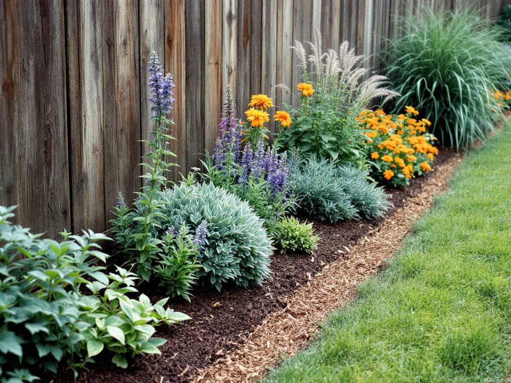 Layered perennial border with amsonia in the middle, catmint and sedum in front, and switchgrass behind.