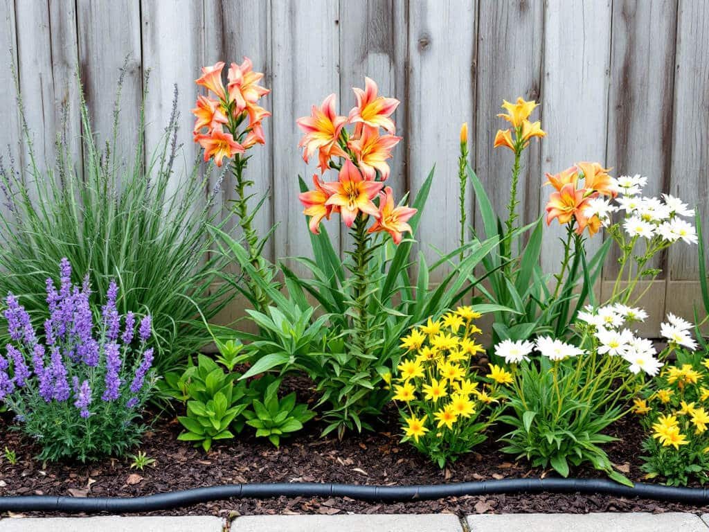 Orange-pink Peruvian lily growing in a garden border with lavender, yellow coreopsis, and white yarrow in front.