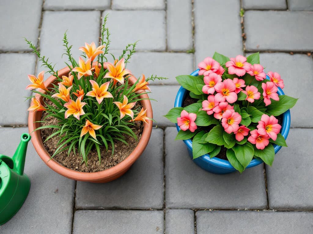 Peruvian lily in a terracotta pot beside a separate pot of pink impatiens on a patio, shown from above.