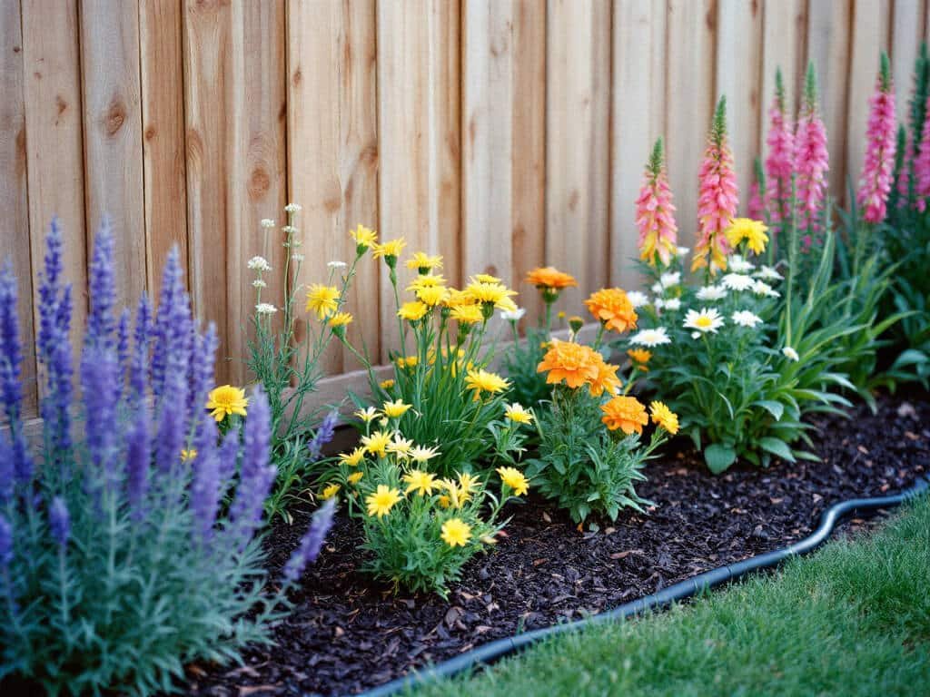 Tiered sunny garden bed with Peruvian lily in the middle, low lavender and yarrow in front, snapdragons behind.