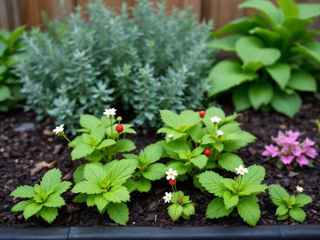 Alpine strawberry plants with fruit growing in front of sage, hardy geranium, and hosta in a home garden bed.