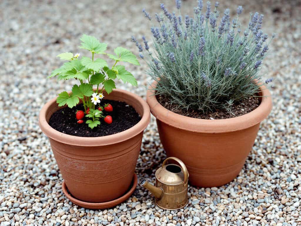 Alpine strawberry in one terracotta pot beside a separate pot of lavender on a gravel patio.