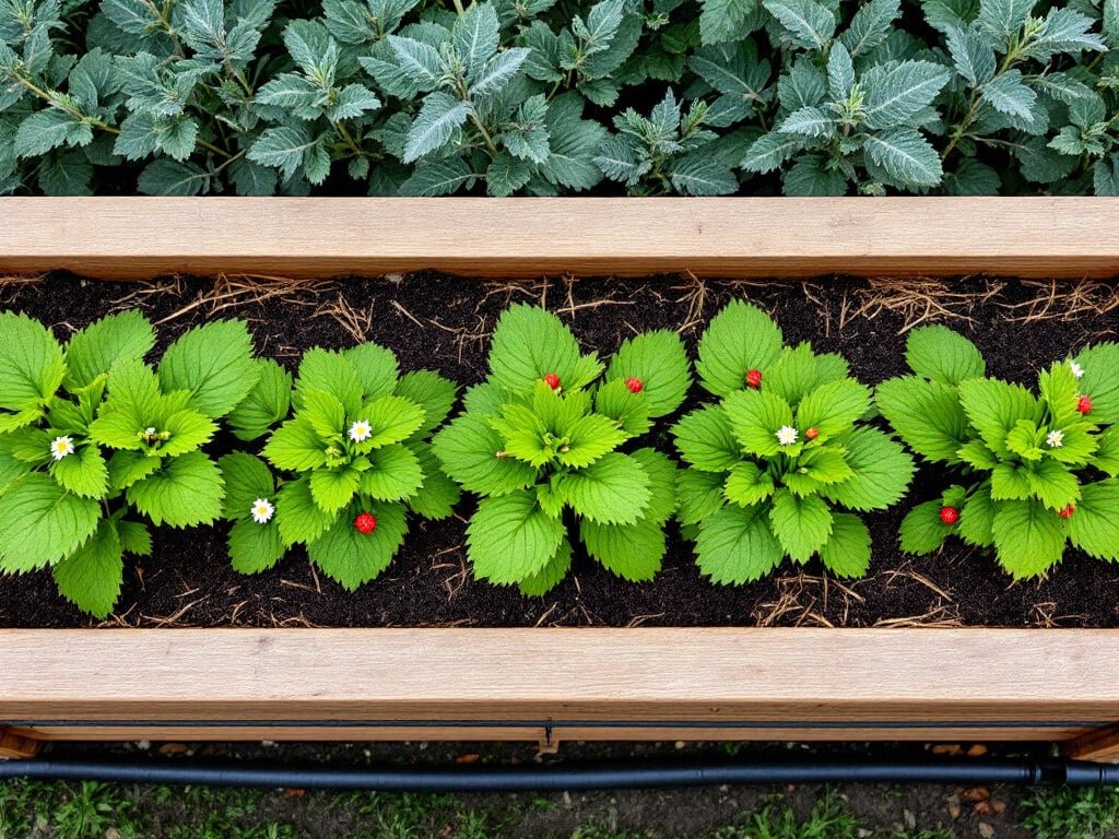 Overhead view of evenly spaced alpine strawberry plants along the front of a raised bed with sage behind them.
