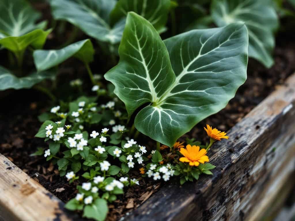 Alocasia leaf above sweet alyssum and orange calendula growing together in a mulched raised garden bed.
