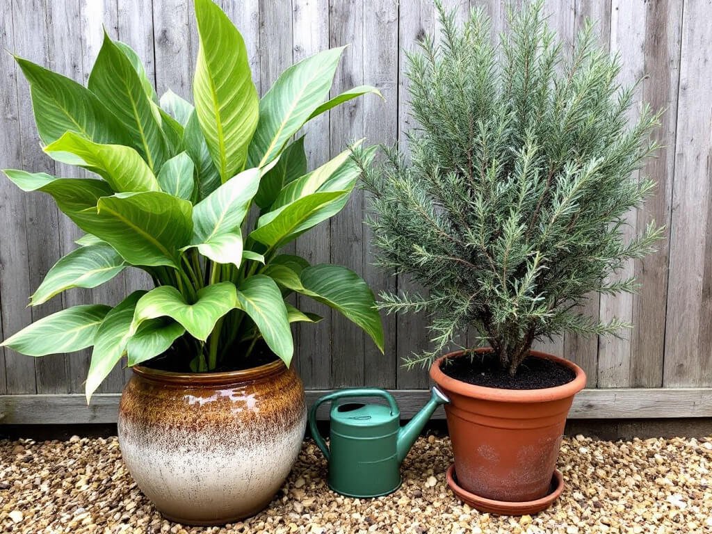 Alocasia in a glazed pot and rosemary in a terracotta pot placed apart on a gravel patio.