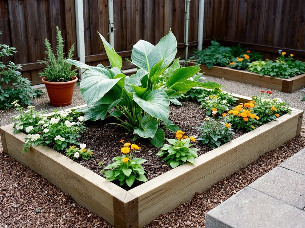 Raised bed with a central alocasia, flowering companions at the edge, and rosemary in a separate pot nearby.