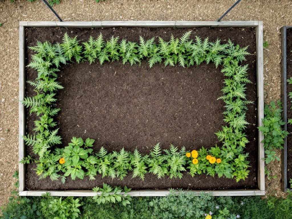 Top-down view of an asparagus bed with an open crown row, edge plantings of thyme, basil, parsley and calendula, and tomatoes nearby.