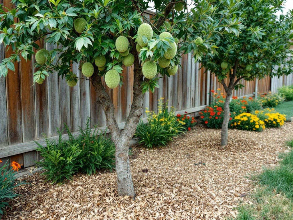 Young almond tree with green hulls and a second almond behind it, blanket flower growing low outside the mulched trunk ring.