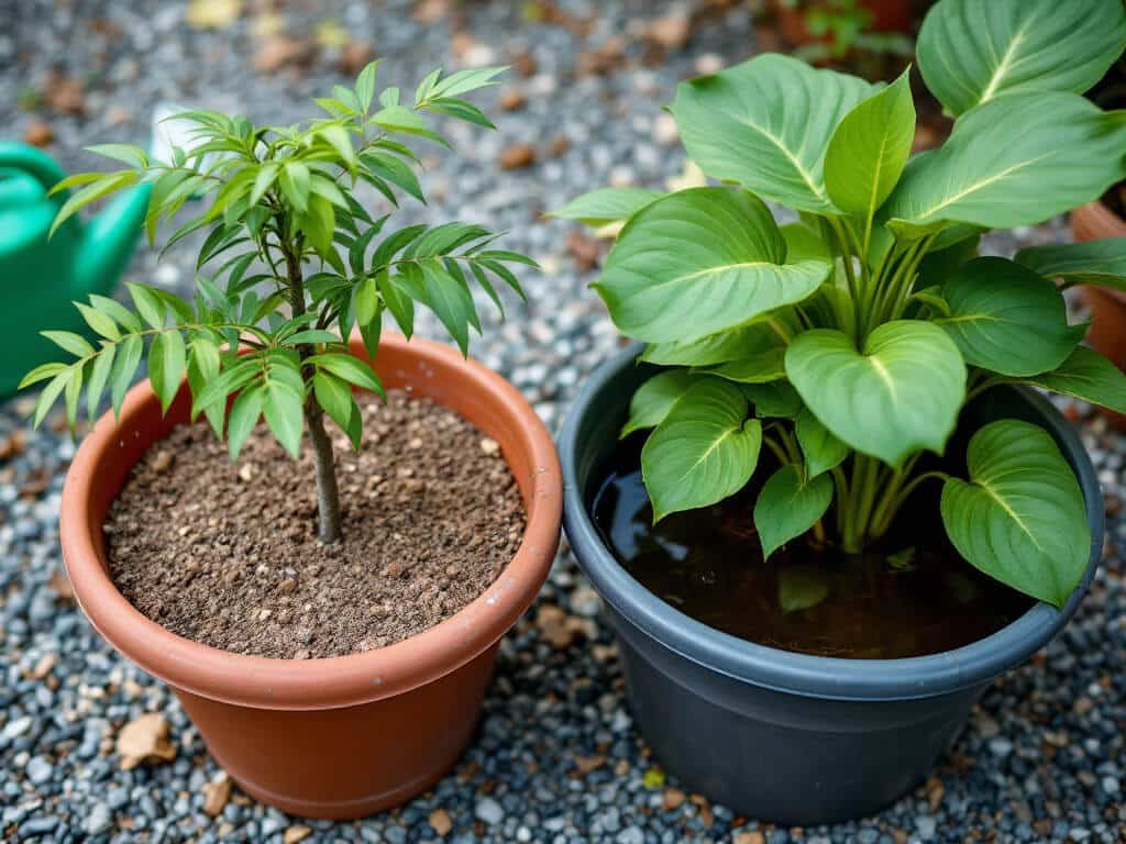 Almond sapling in a dry terracotta pot beside a separate tub of taro standing in water on a patio.