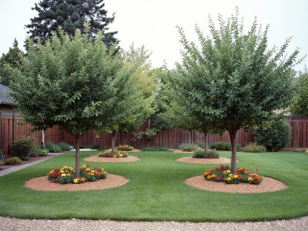 Two mature almond trees spaced apart with bare mulch rings at the trunks and low blanket flower at the canopy edge.