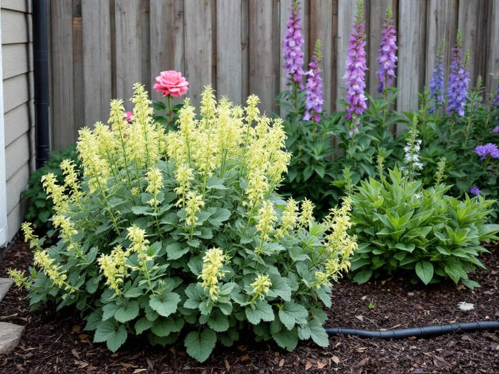 Alchemilla mollis with chartreuse flowers beside a pink shrub rose, hardy geranium and foxgloves in a backyard border.