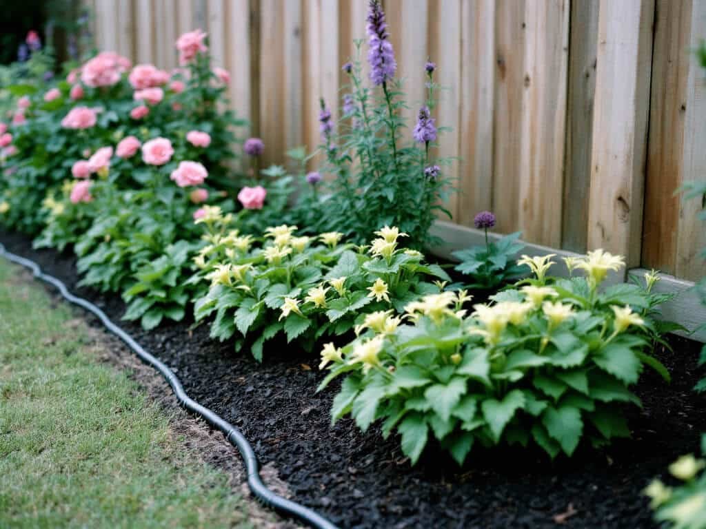 Alchemilla mollis mounds spaced along the front of a border with roses, foxgloves and alliums planted behind.