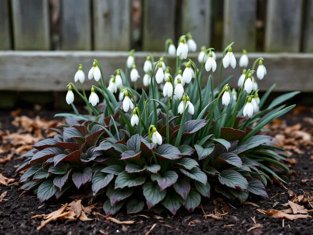 Snowdrops growing up through a low mat of bronze-purple ajuga in a home garden border.