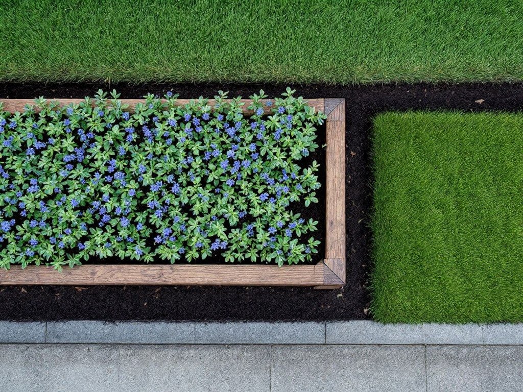 Top-down view of an ajuga raised bed kept separate from a mown grass lawn by edging and bare soil.