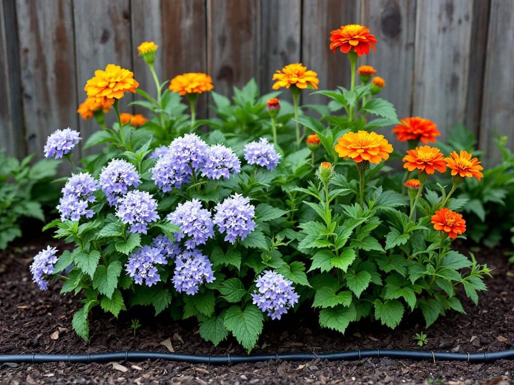 Lavender-blue ageratum growing in a garden bed in front of orange marigolds and red-orange zinnias.