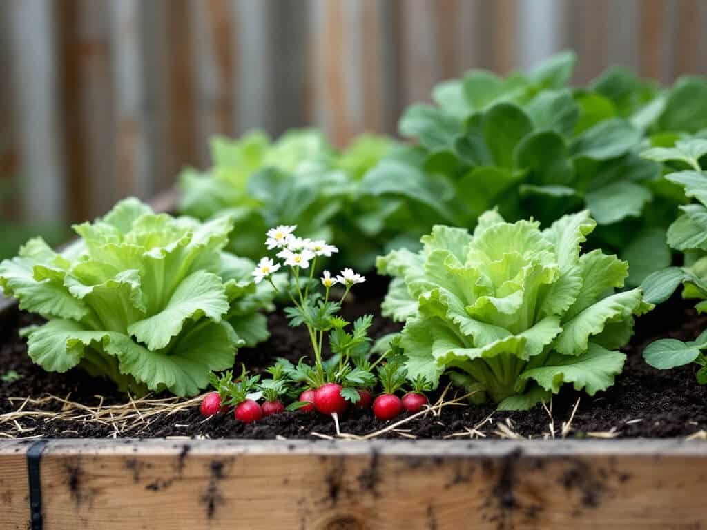 Loose-leaf lettuce growing in a raised bed with white alyssum, radishes, and spinach.