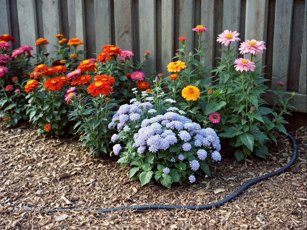 Garden bed with alyssum in front, ageratum in the middle, and zinnias and cosmos behind, spaced apart on mulch.