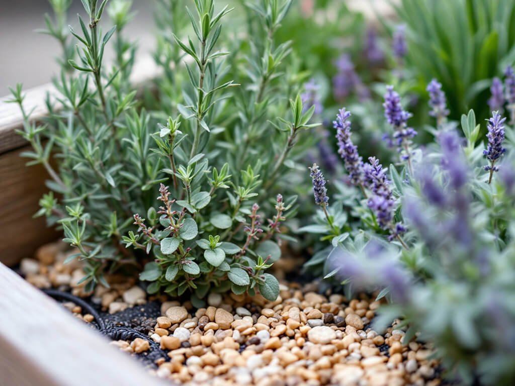 Rosemary growing in a raised bed beside sage, creeping thyme, and lavender in gravelly soil.