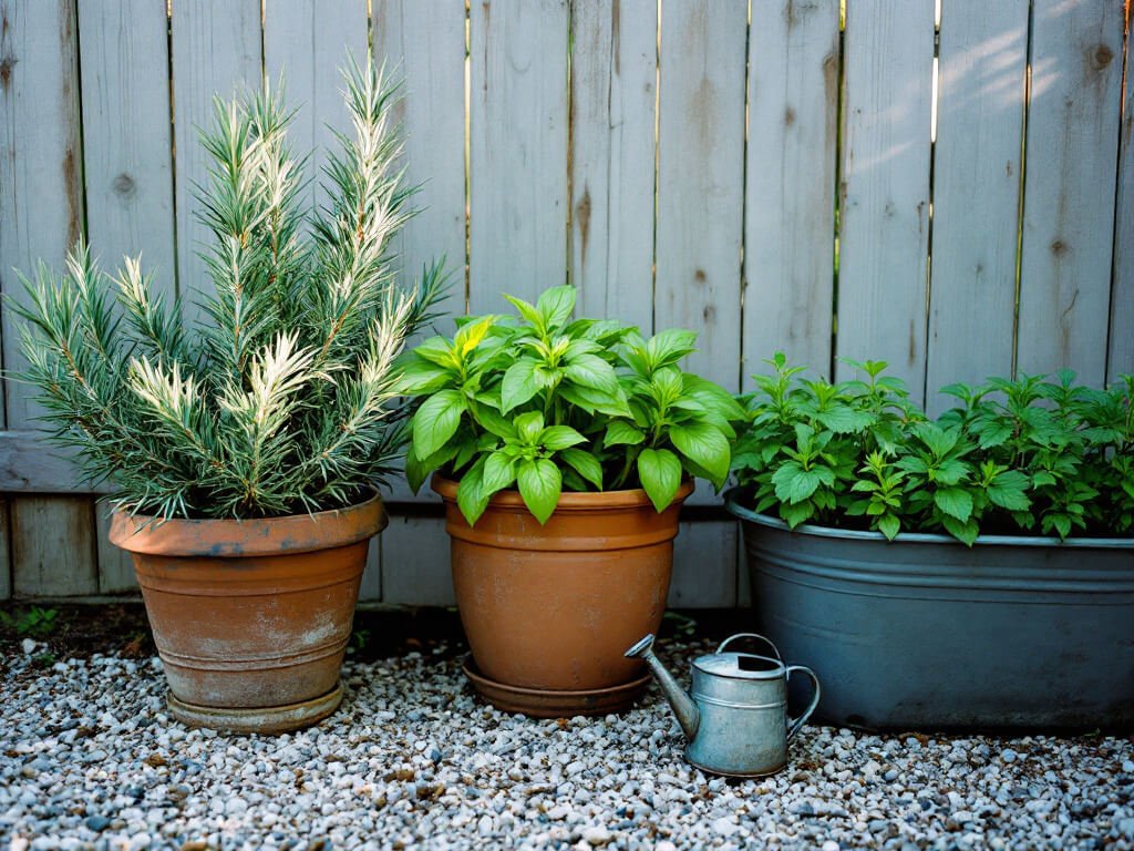 Rosemary, basil, and mint growing in three separate pots on a gravel patio with a watering can nearby.
