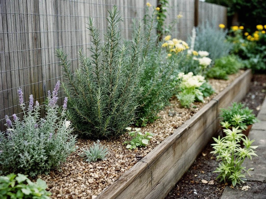 Raised herb bed with rosemary at center, spaced sage, thyme, lavender, and oregano, and fennel at the far edge.