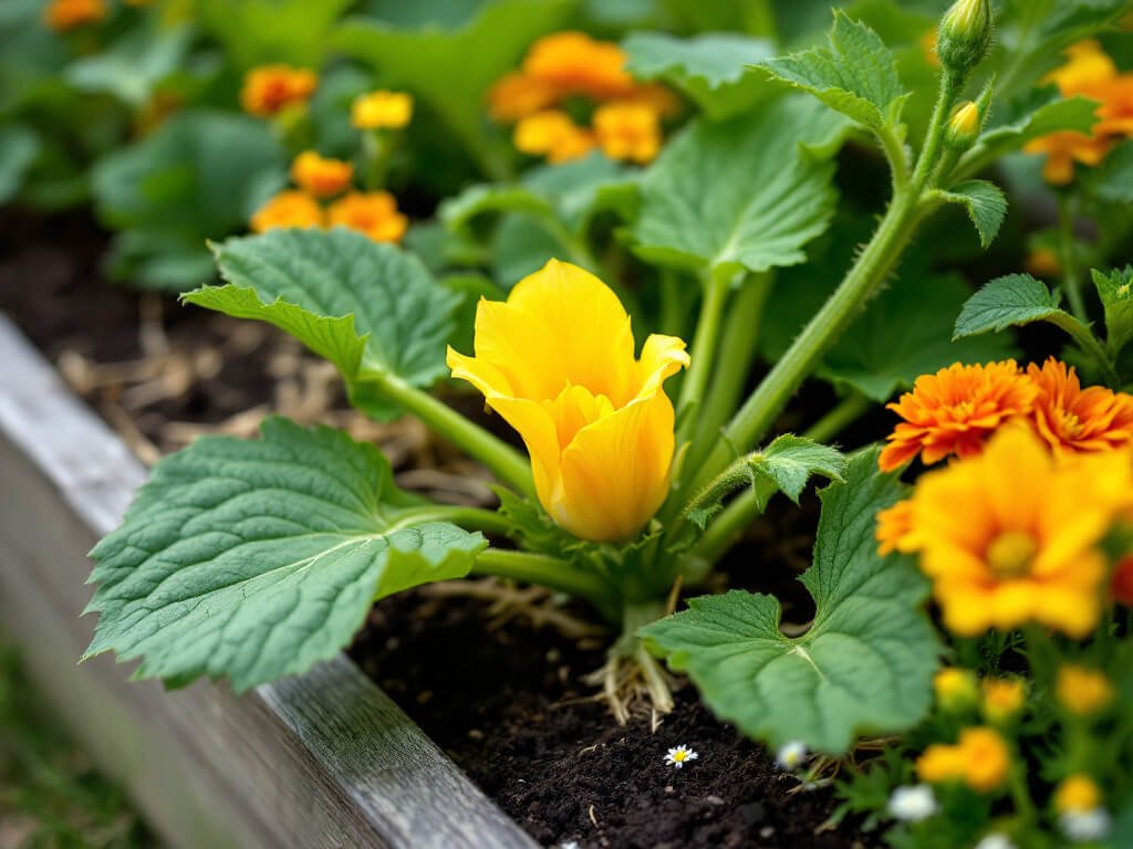 Squash blossom and leaves in a raised bed beside nasturtium, French marigold, and sweet alyssum.