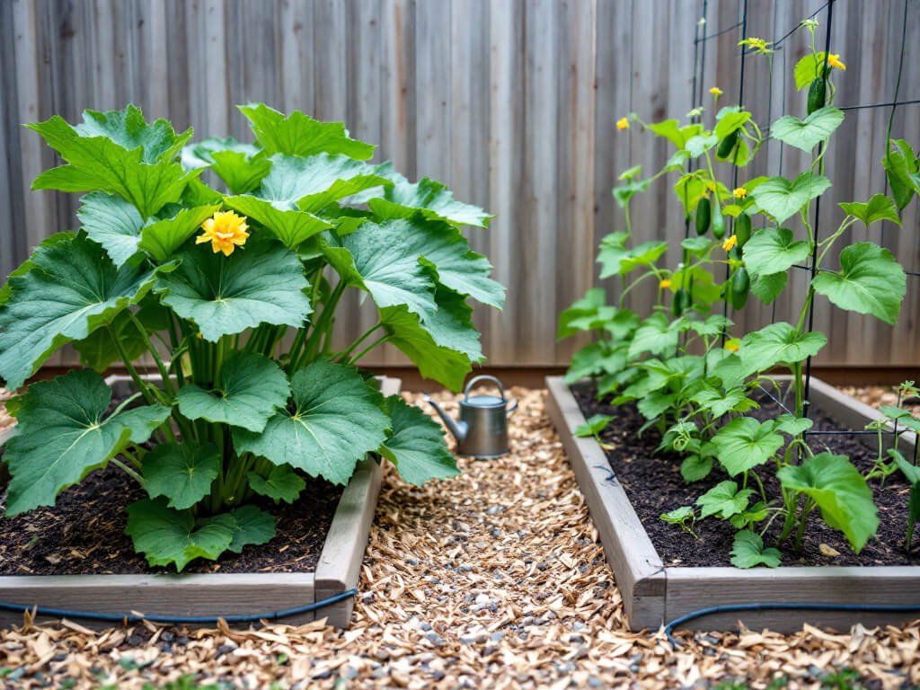 Squash plant in one raised bed and cucumber vines on a trellis in another, kept apart by a path.
