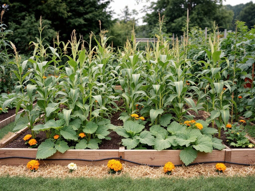 Raised bed with sweet corn, climbing beans, and vining squash in a Three Sisters layout with marigolds along the edge.
