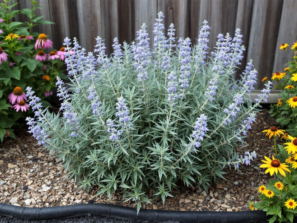 Russian sage growing beside purple coneflower and black-eyed Susan in a sunny gravelly garden border