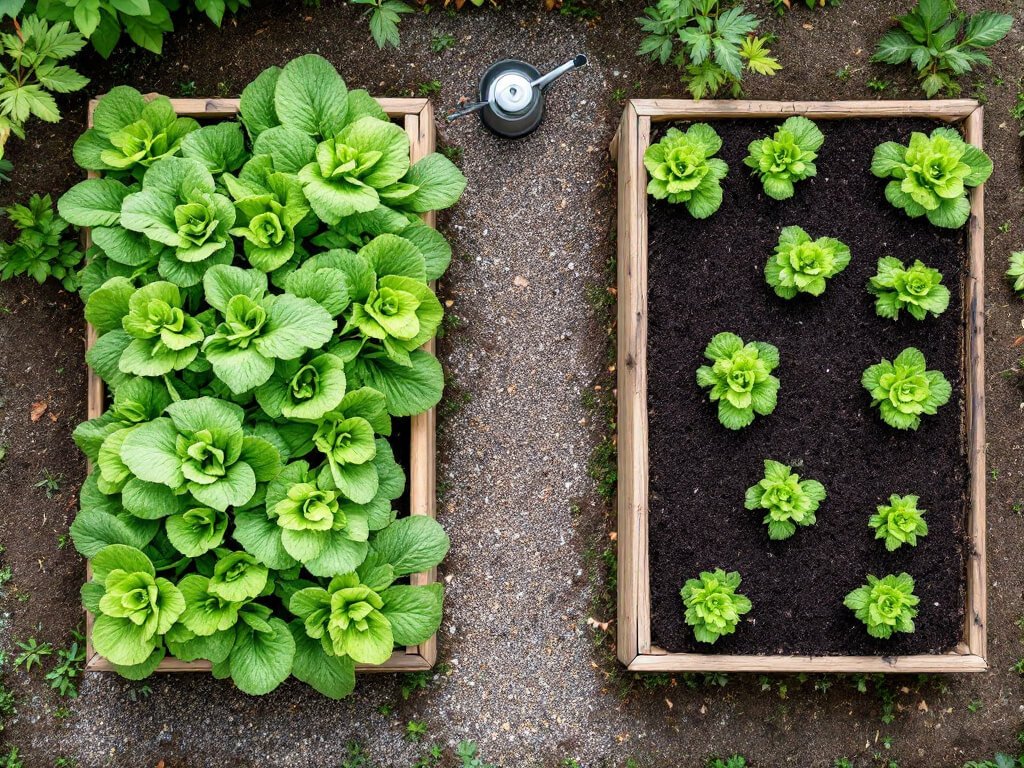 Two raised beds of loose-leaf lettuce, one crowded with overlapping leaves and one with plants spaced apart.